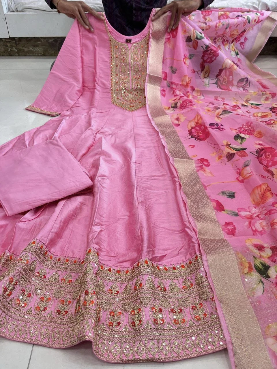 Golden Zari Anarkali Festive Suit Set – Banana Silk & Banarasi Dupatta