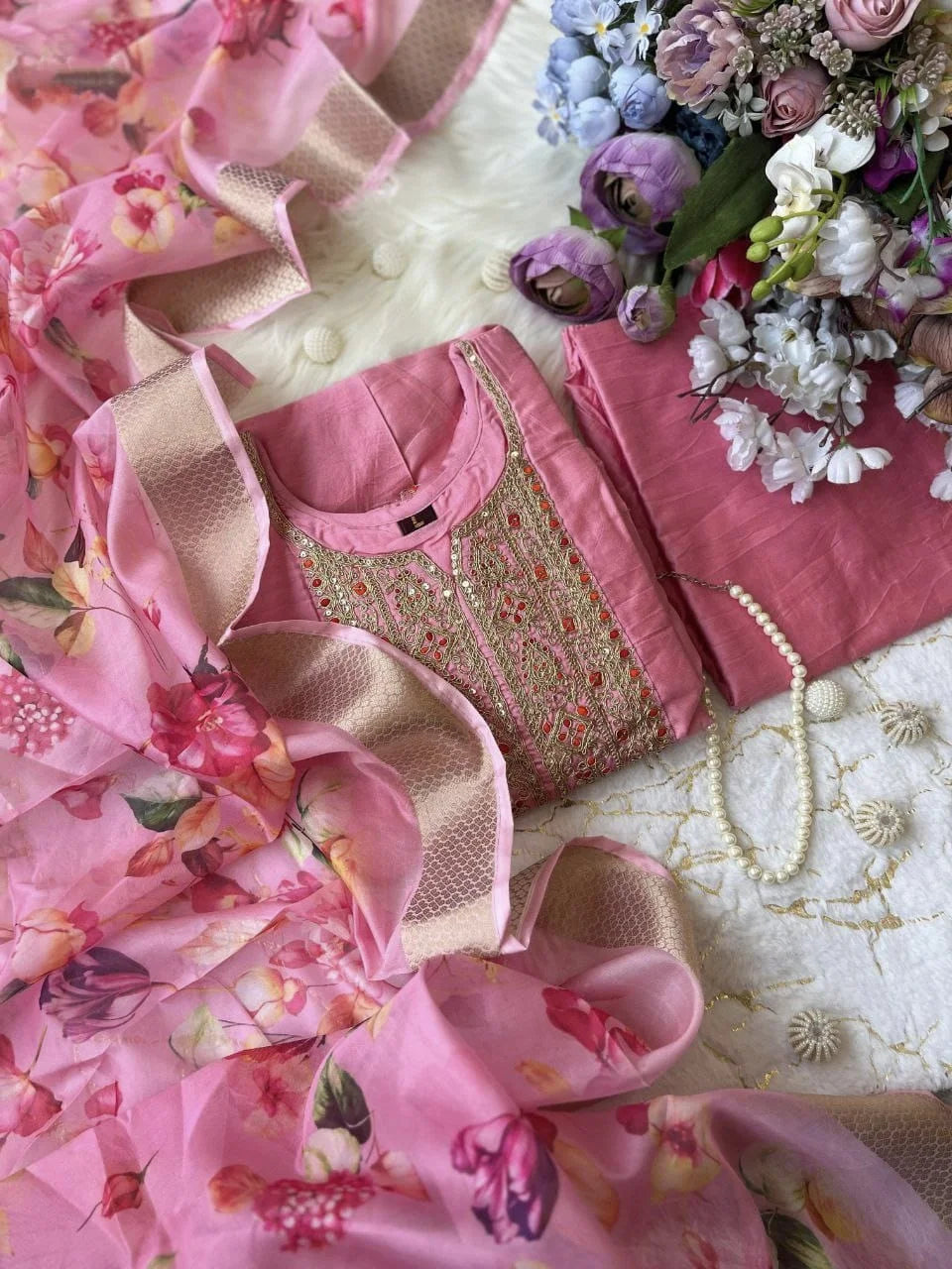 Golden Zari Anarkali Festive Suit Set – Banana Silk & Banarasi Dupatta