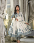 White & Blue Floral Printed Anarkali Kurta Set
