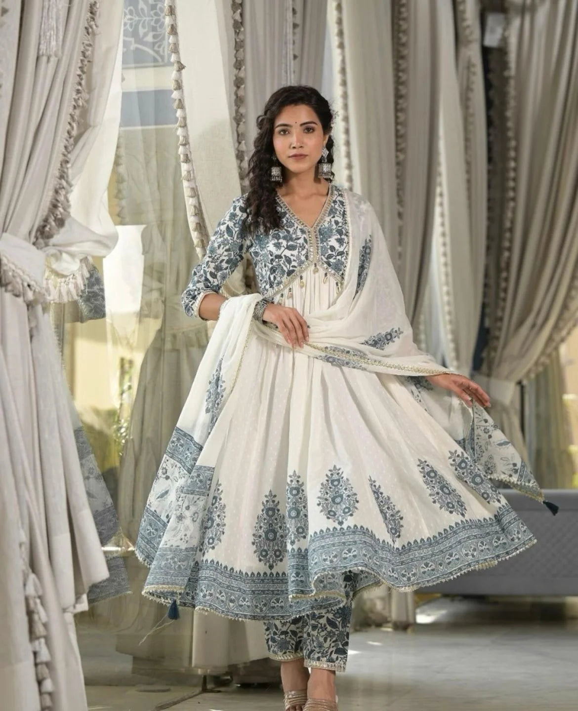 White & Blue Floral Printed Anarkali Kurta Set