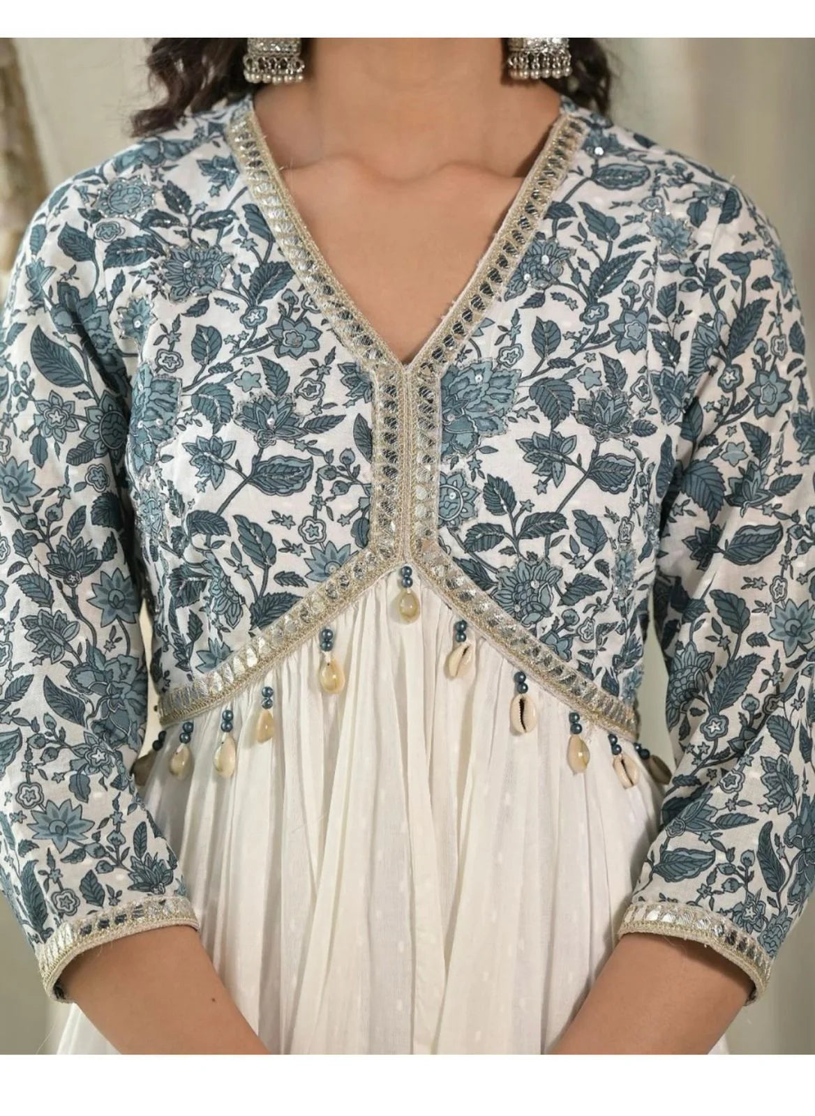 White & Blue Floral Printed Anarkali Kurta Set
