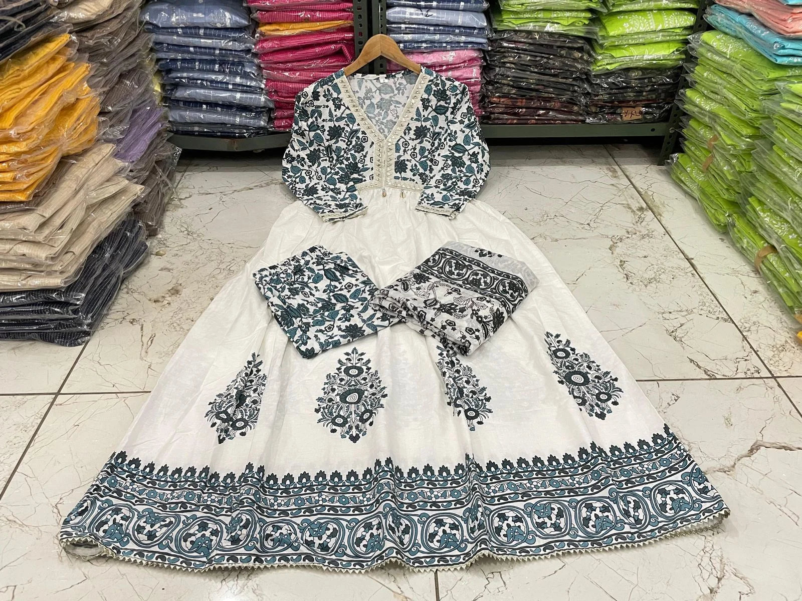 White & Blue Floral Printed Anarkali Kurta Set