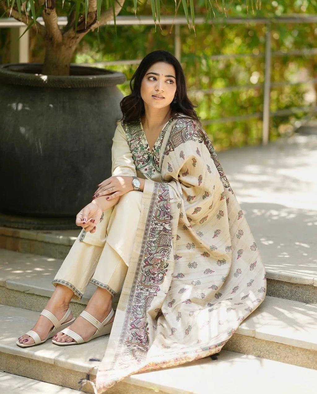 Cream Khadi Cotton Suit Set – Embroidered Neckline & Printed Dupatta