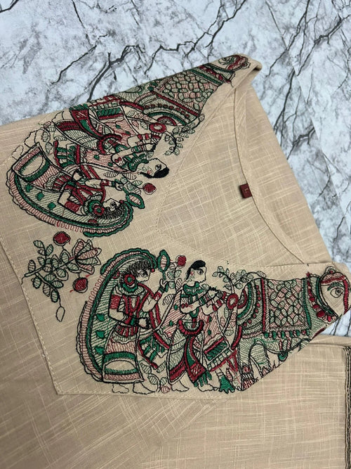Cream Khadi Cotton Suit Set – Embroidered Neckline & Printed Dupatta
