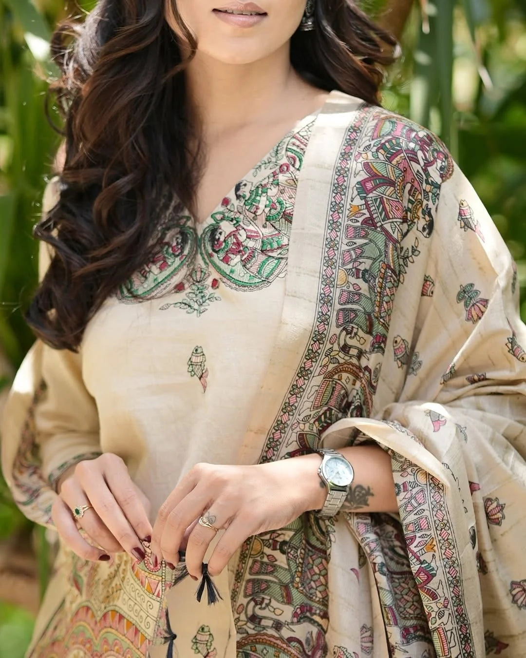 Cream Khadi Cotton Suit Set – Embroidered Neckline & Printed Dupatta