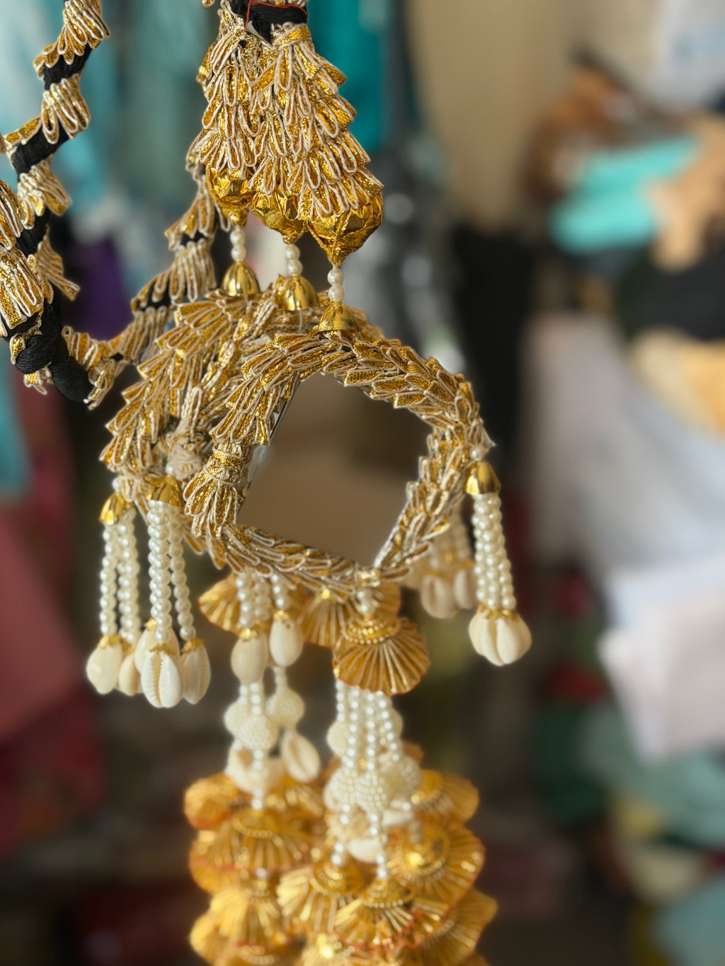 Gold & White Mirror Paranda – Cowrie Shells, Pearl Beads & Golden Tassels