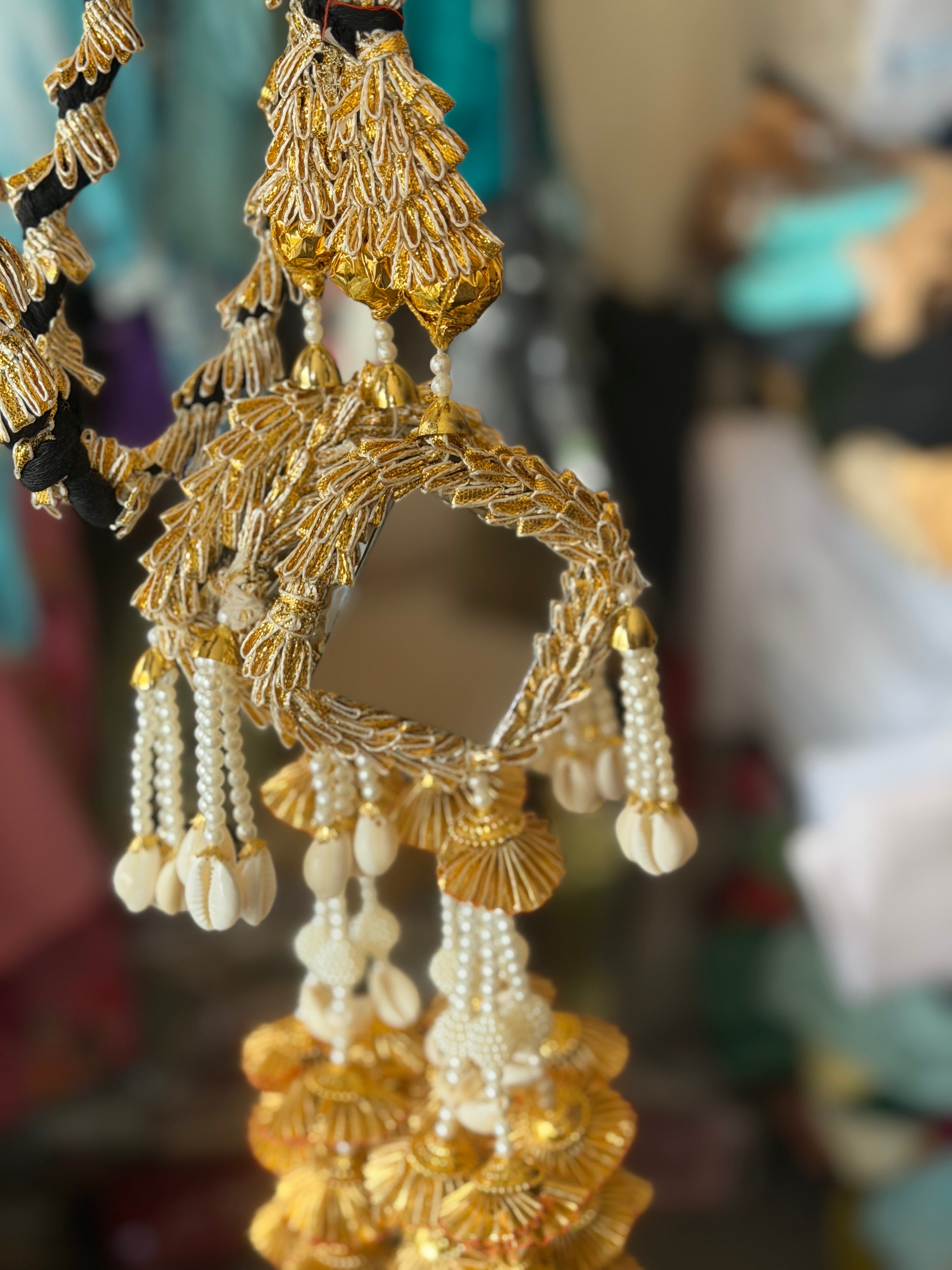 Gold & White Mirror Paranda – Cowrie Shells, Pearl Beads & Golden Tassels