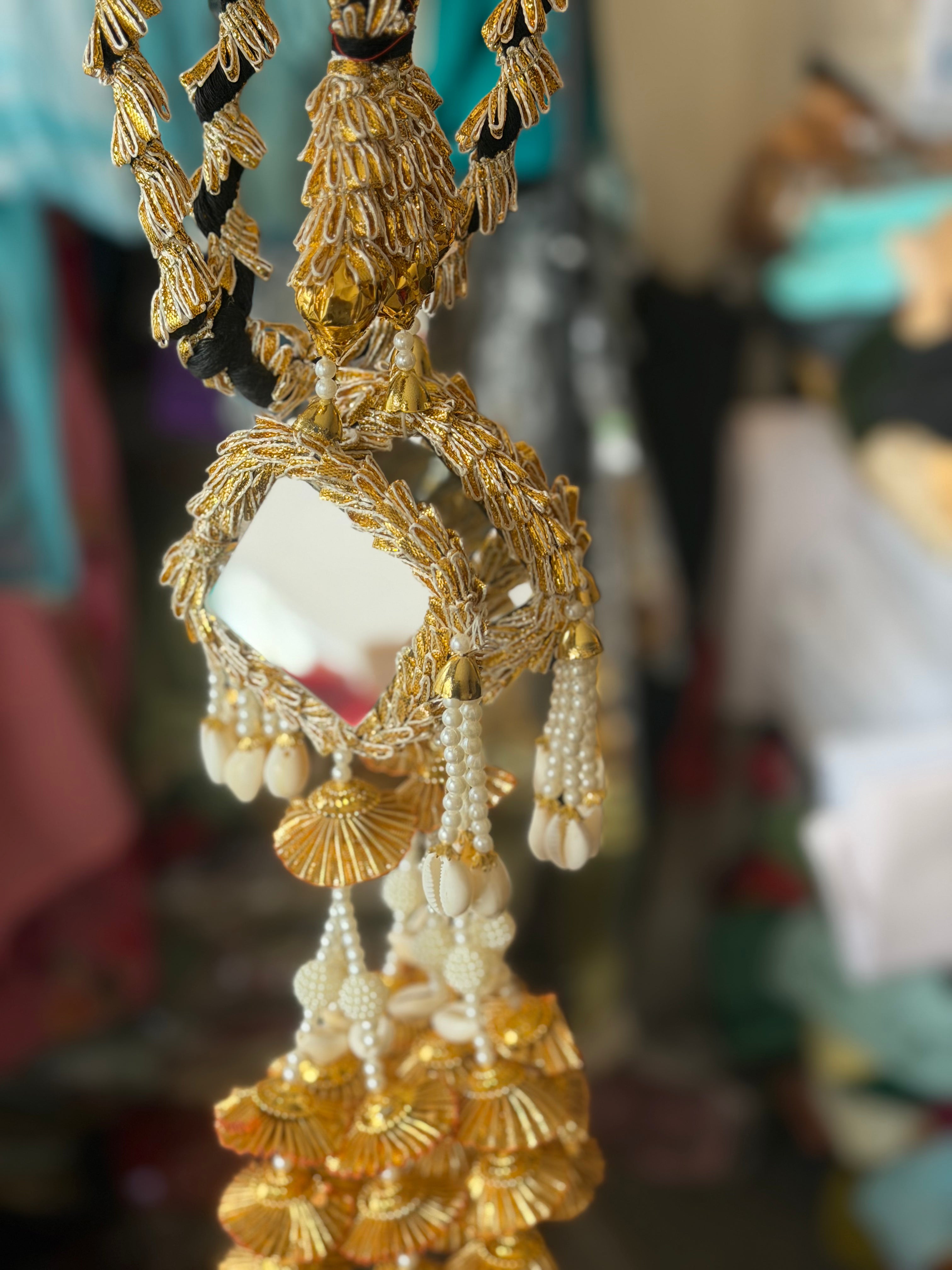 Gold & White Mirror Paranda – Cowrie Shells, Pearl Beads & Golden Tassels