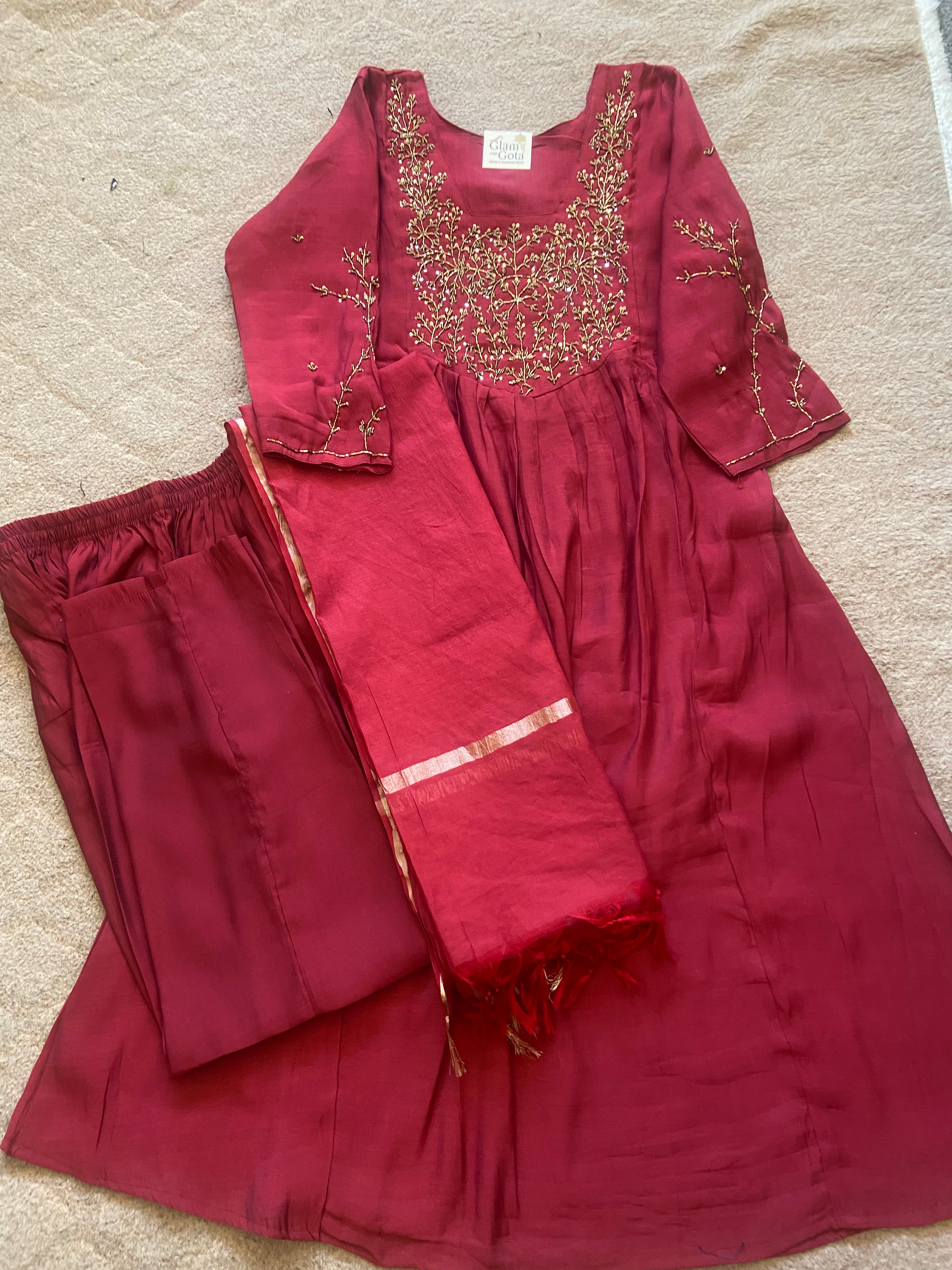 Elegant Wine Maroon Anarkali Suit Set – Golden Embroidery Silk Blend