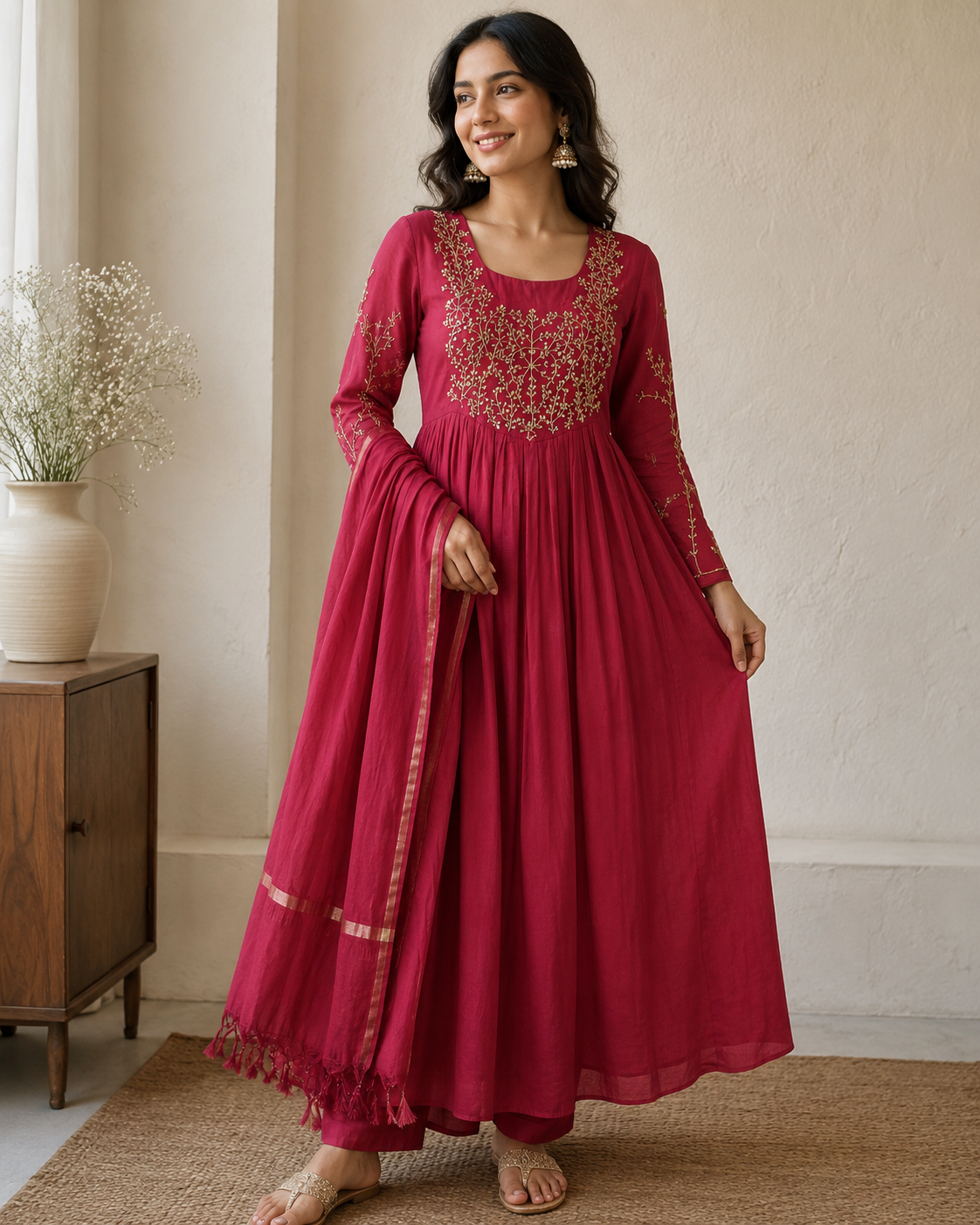 Elegant Wine Maroon Anarkali Suit Set – Golden Embroidery Silk Blend