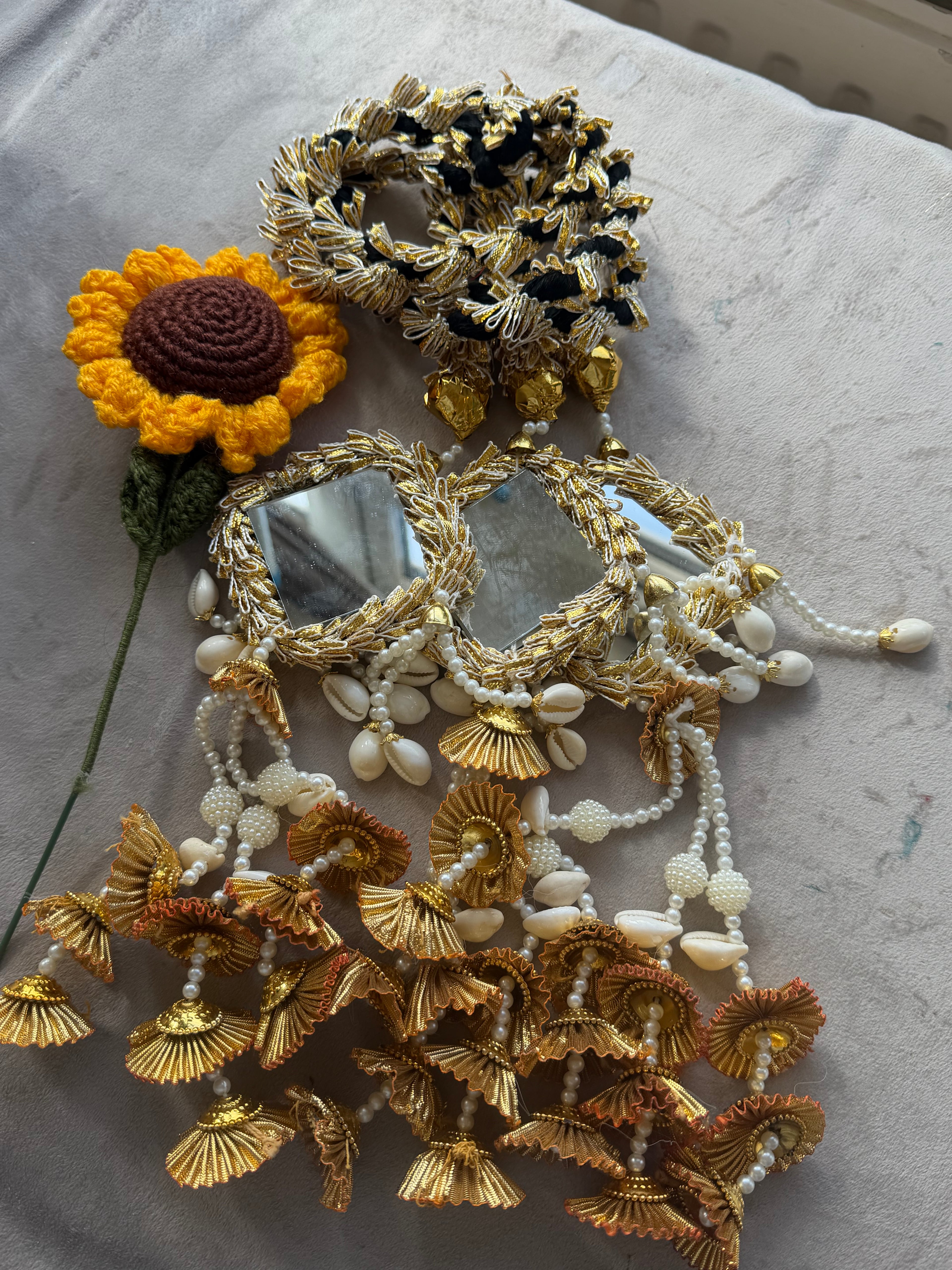 Gold & White Mirror Paranda – Cowrie Shells, Pearl Beads & Golden Tassels